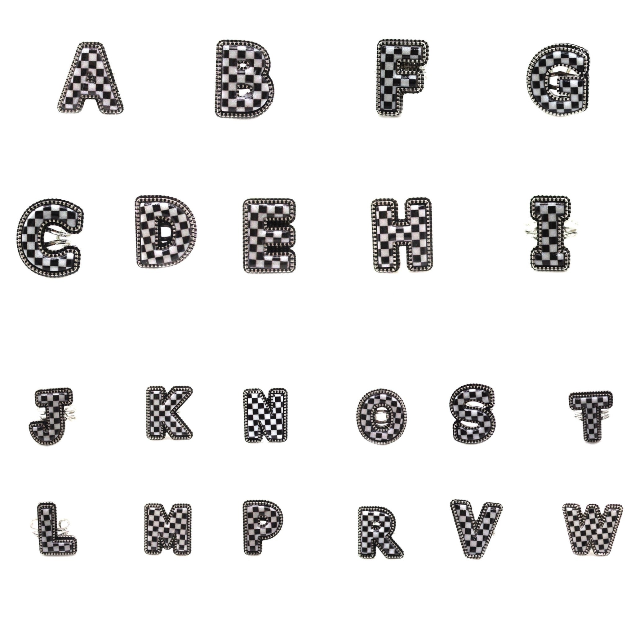 CHECKERED BUBBLE INITIAL BLACK & WHITE ON SILVER ADJUSTABLE CUFF RING