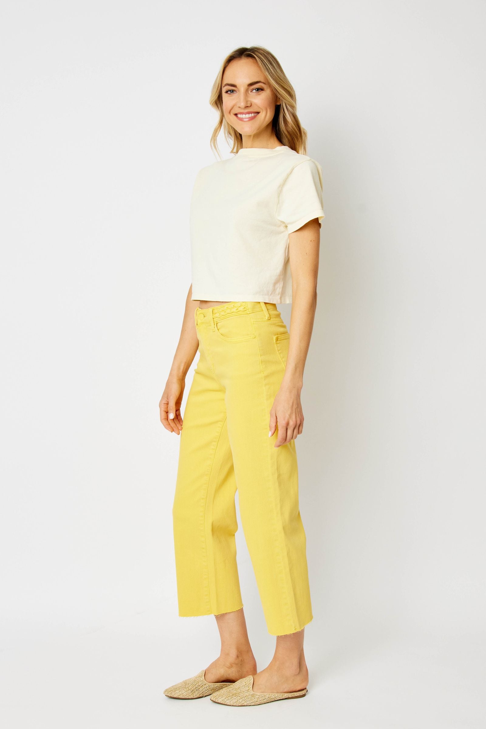 YELLOW HIGH WAIST GARMENT DYED BRAIDED WAISTBAND CROP WIDE LEG DENIM JUDY BLUE