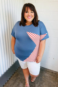 RED BLUE STAR STRIPE DETAIL FRENCH TERRY PATRIOTIC TOP-PLUS