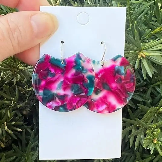 CRANBERRY GREEN ACRYLIC CRESCENT HANDMADE BBB EARRINGS