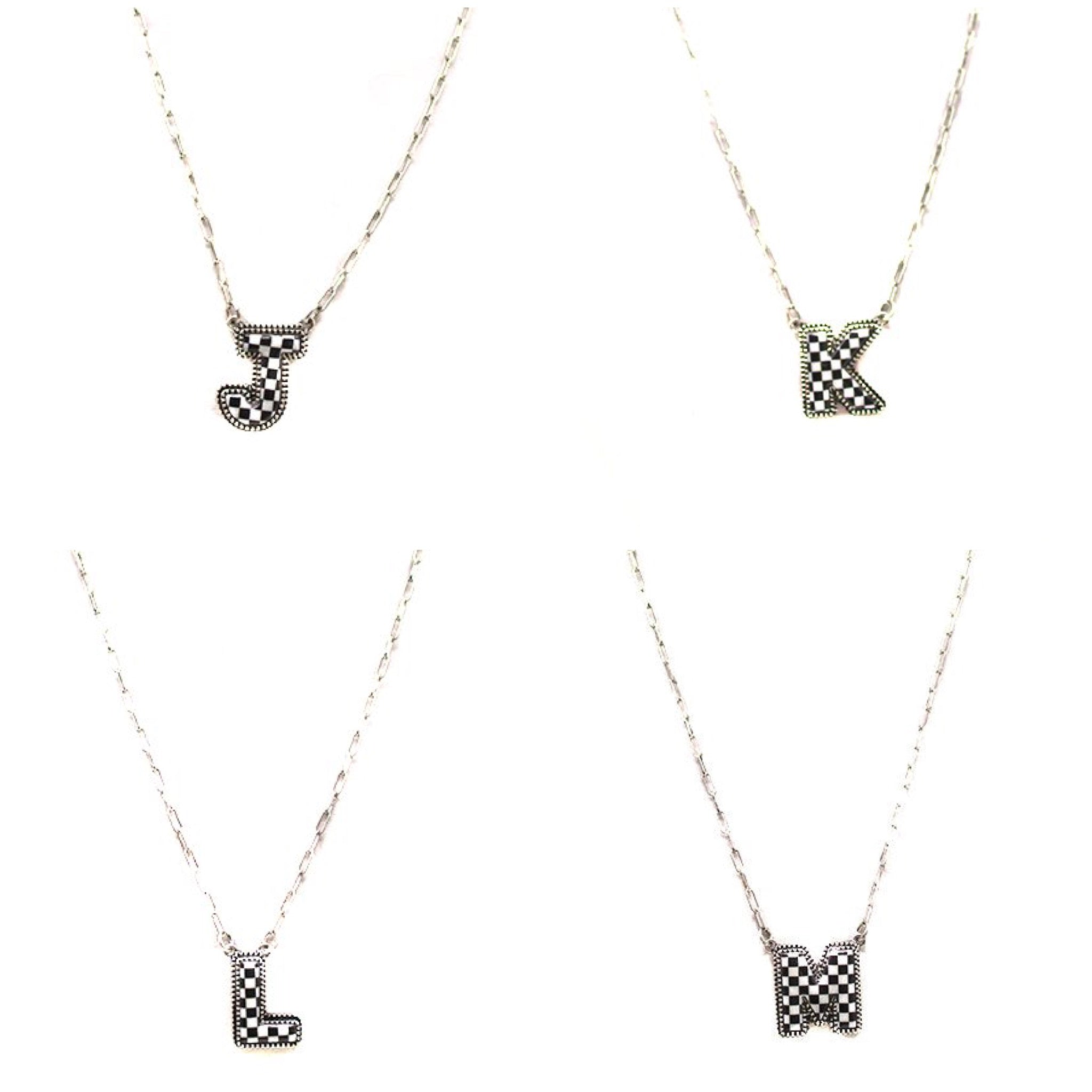 CHECKERED BUBBLE INITIAL BLACK & WHITE ON SILVER CHAIN WITH 18" + 3" EXTENDER NECKLACE