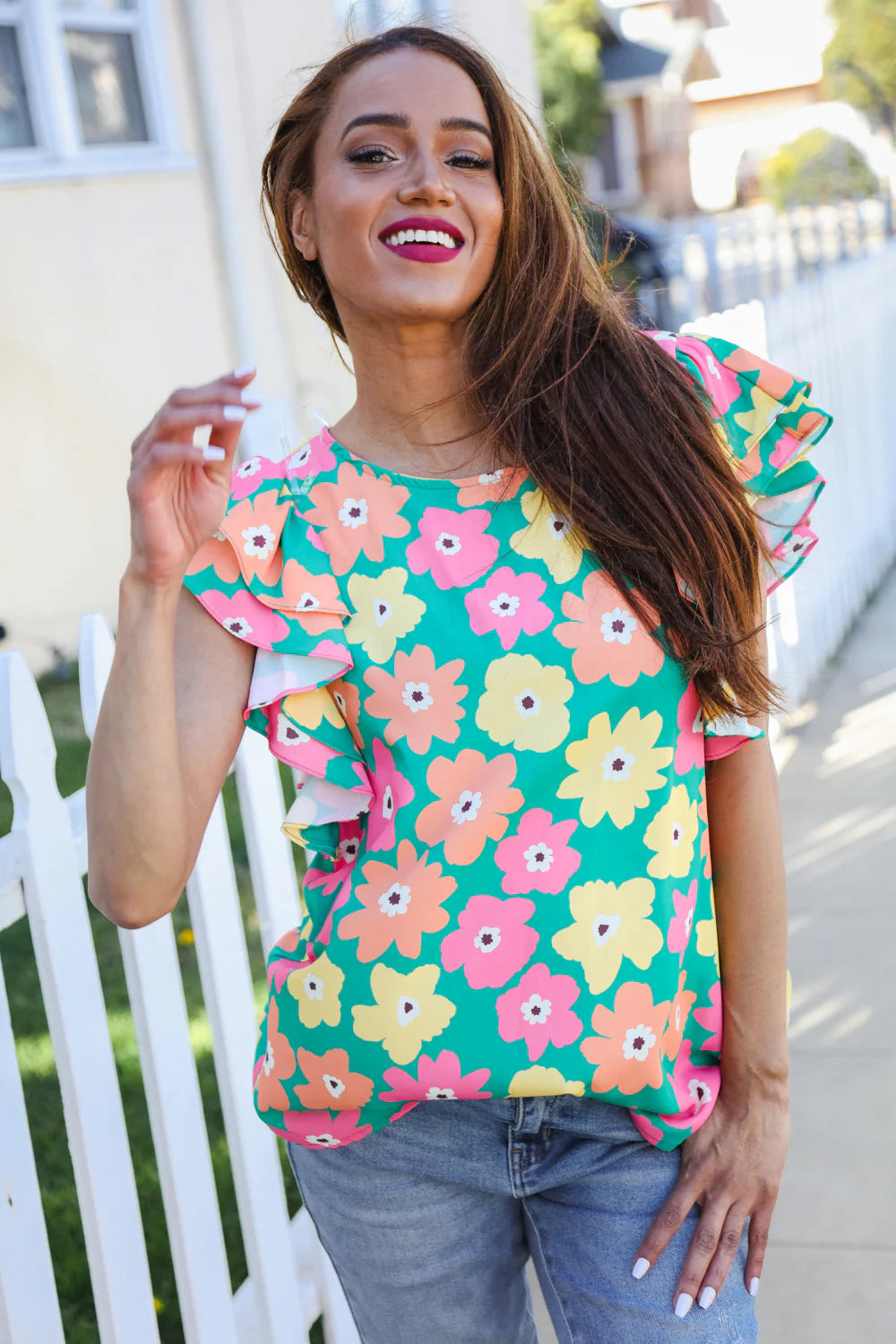 GREEN MULTI FLORAL FLUTTER TOP