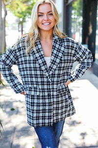BLACK WHITE HOUNDSTOOTH DESIGN BLAZER PEACOAT