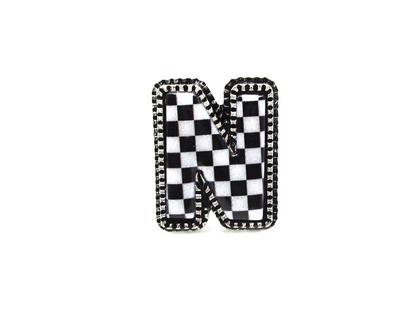CHECKERED BUBBLE INITIAL BLACK & WHITE ON SILVER ADJUSTABLE CUFF RING