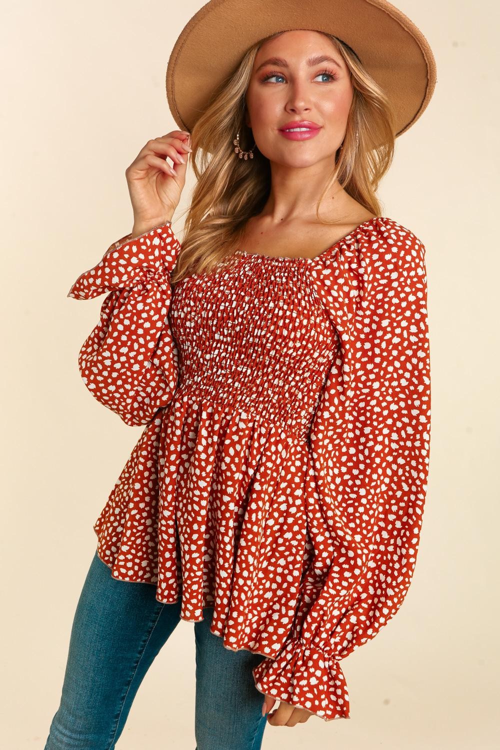 RUST LEOPARD PRINT SMOCKED RUFFLE HEM TOP-PLUS