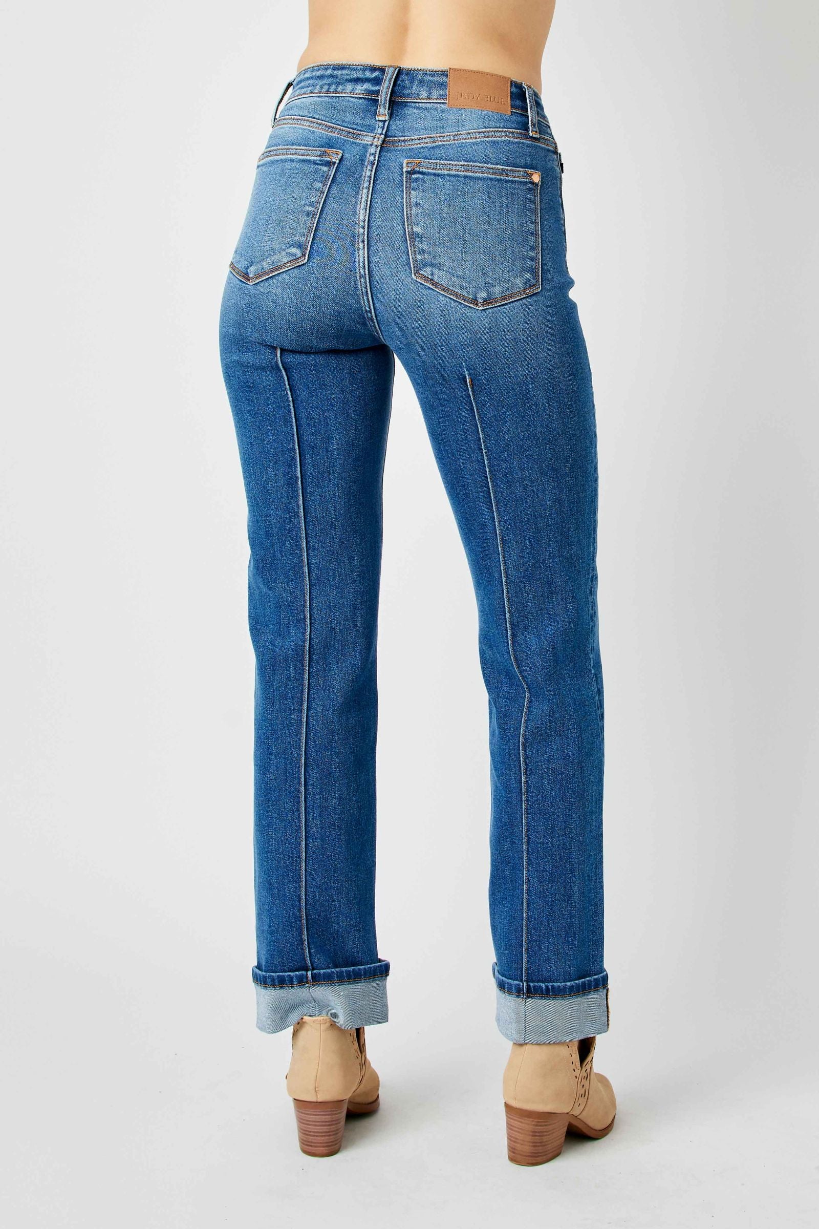 MEDIUM WASH HIGH WAIST FRONT SEAM DETAIL & CUFFED STRAIGHT JUDY BLUE DENIM