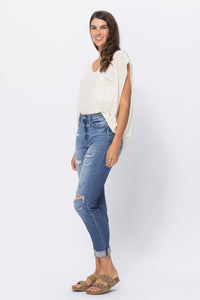 LIGHT WASH HIGH WAIST CUFFED BOYFRIED WITH DESTROY JUDY BLUE DENIM-PLUS