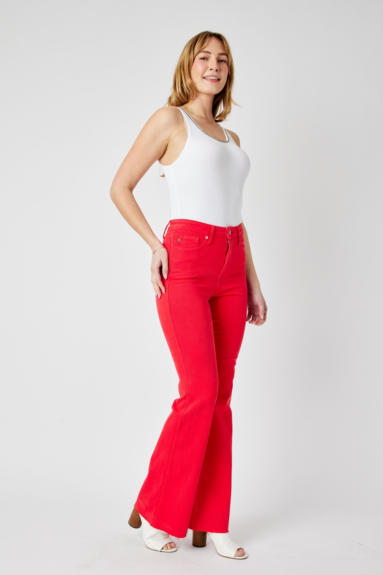 RED HIGH WAIST TUMMY CONTROL GARMENT DYED FLARE JUDY BLUE DENIM