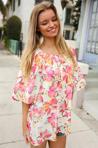 IVORY PINK FLORAL BUBBLE SLEEVE TOP-PLUS