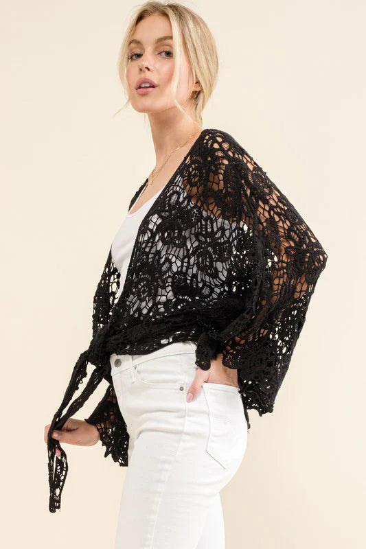 BLACK CROCHET TIE HEM CARDIGAN