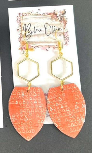 RUST TRIBAL PRINT DIAMOND DROP WITH HEXAGON GOLD DISC HANDMADE EARRINGS BY B.O.D