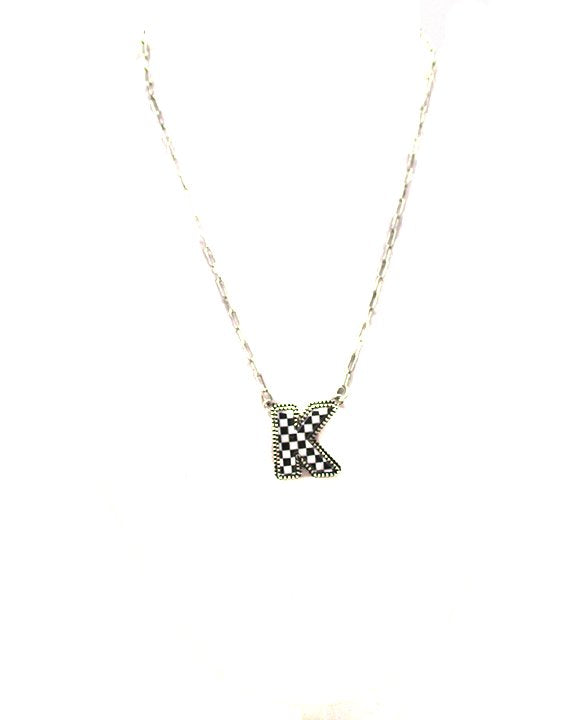 CHECKERED BUBBLE INITIAL BLACK & WHITE ON SILVER CHAIN WITH 18" + 3" EXTENDER NECKLACE