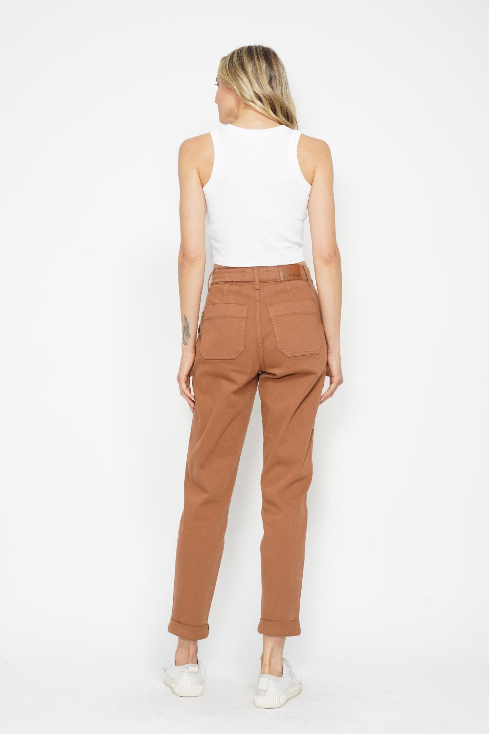 CAMEL HIGH WAIST GARMENT DYED CUFFED JOGGERS JUDY BLUE DENIM