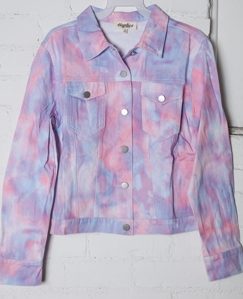 CLOUD TIE DYE WATERCOLOR PINK BLUE LILAC MIXED COLORS DENIM JACKET- SALE- SMALL AVAILABLE