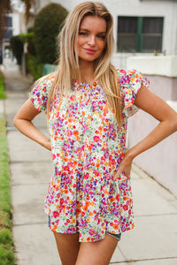 FUCHSIA & PURPLE FLORAL FLUTTER RUFFLE TOP