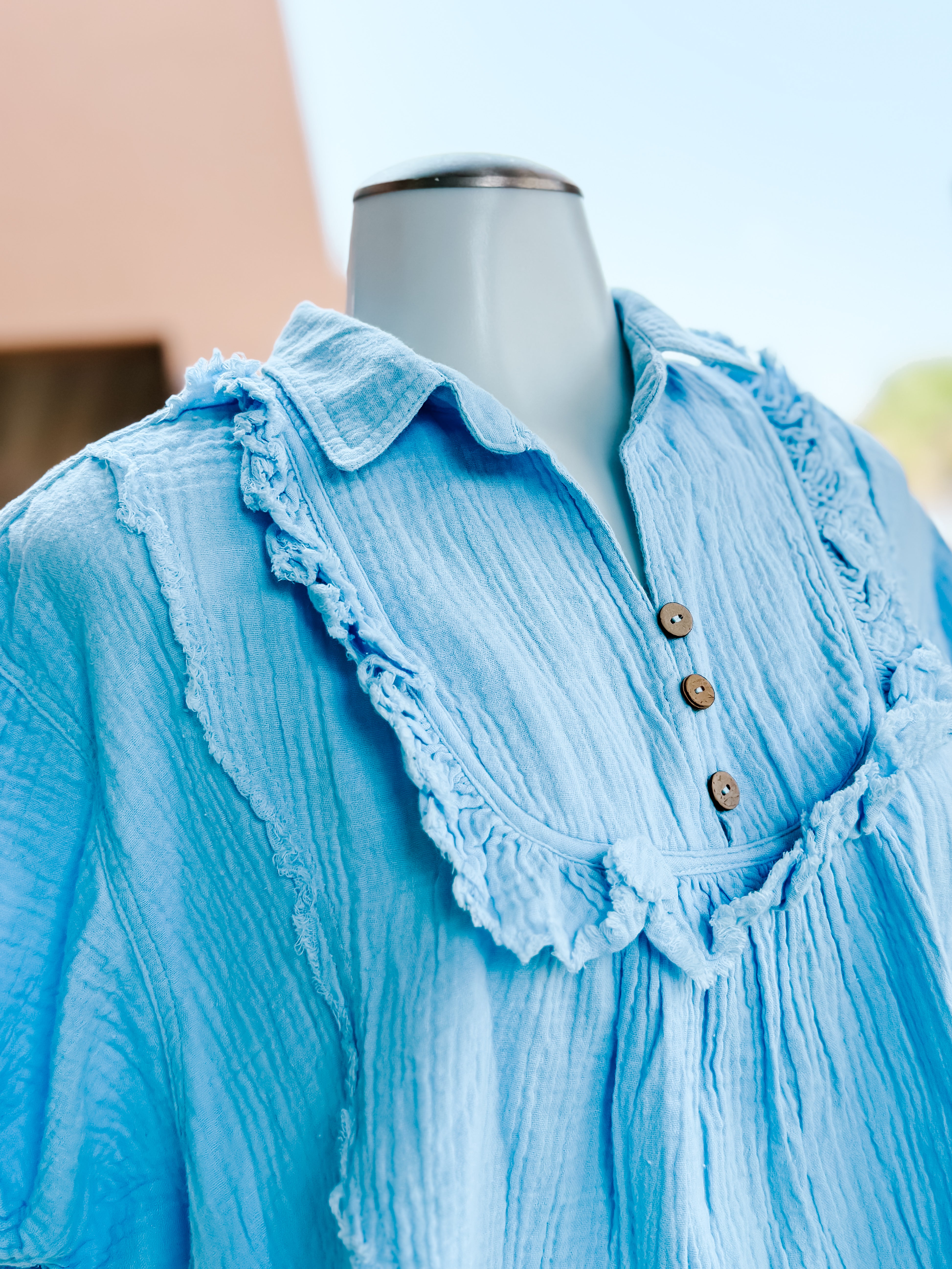 Blue Linen Cotton Frayed Yoke Collared Top- SALE