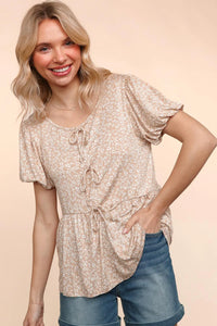 TAUPE FLORAL FRONT RIBBONS BOW TIE ANIMAL BABYDOLL KNIT TOP