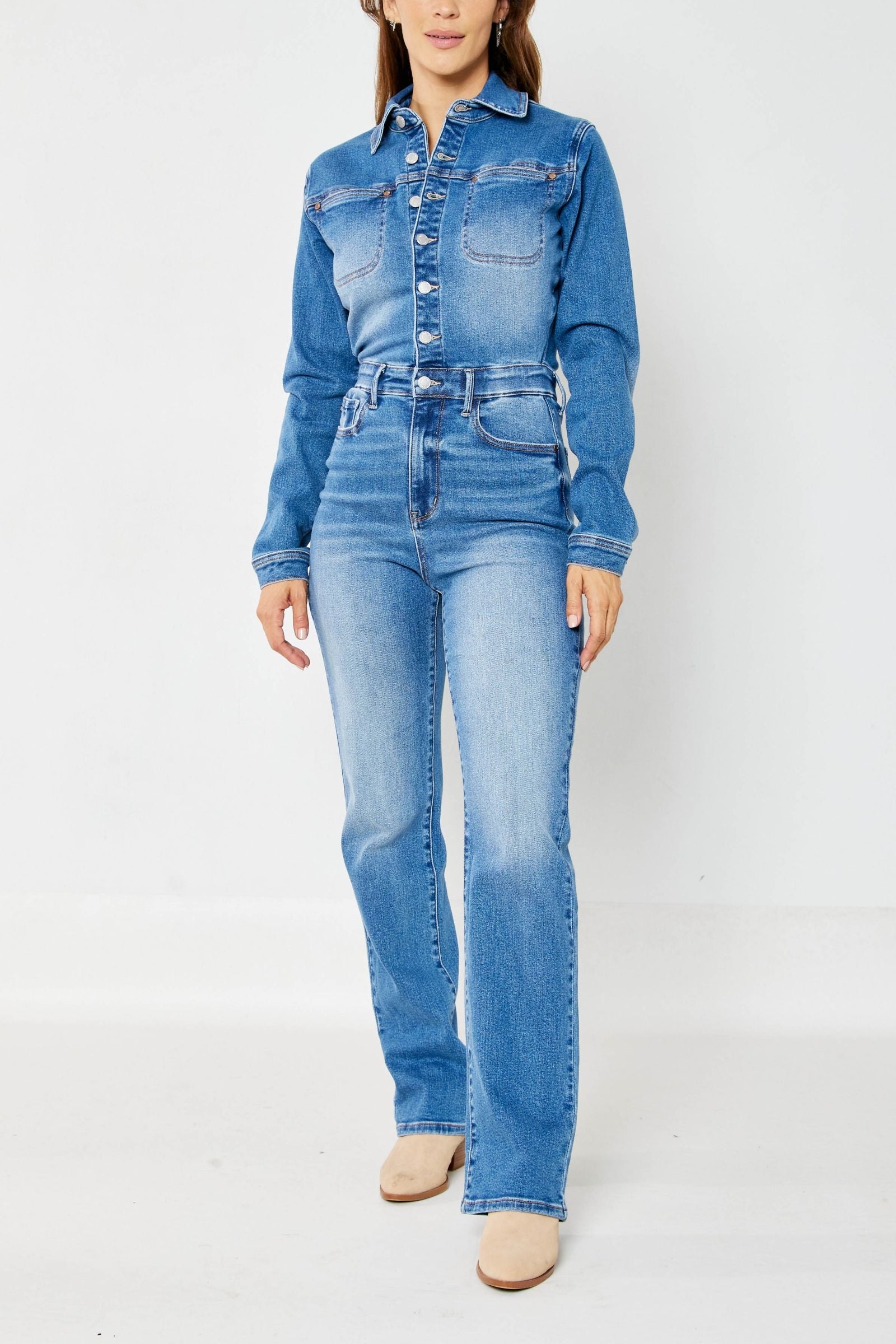 Judy Blue Medium Wash High Waist Denim Long Sleeve Jumpsuit Slim Straight