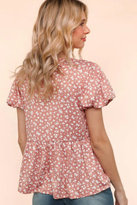 MAUVE WHITE FLORAL FRONT RIBBONS BOW TIE BABYDOLL KNIT TOP-PLUS