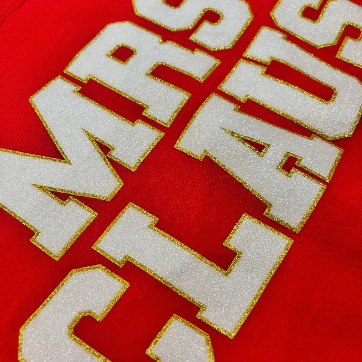 MRS CLAUS GLITTER LETTERS FAUX CHENILLE PATCHES SPARKLY SWEATSHIRT