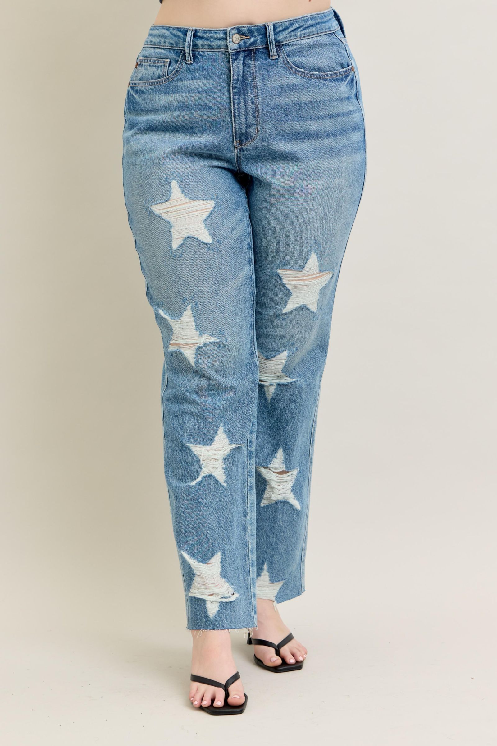 MEDIUM WASH HIGH WAIST RIGID MAGIC STAR SHAPED DESTROYED 90S STRAIGHT JUDY BLUE DENIM-PLUS