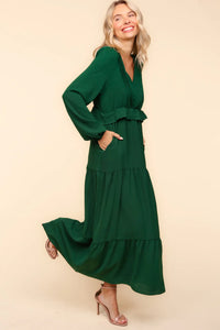 HUNTER GREEN VNECK PINTUCK DETAIL SOLID WOVEN MAXI DRESS-PLUS