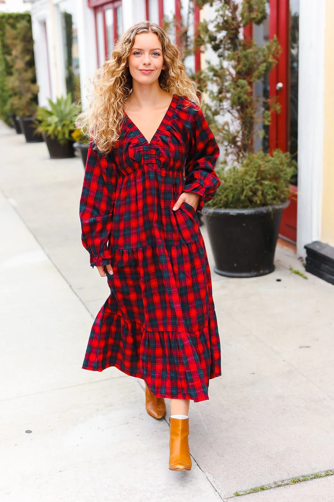 CHRISTMAS PLAID RUFFLE VNECK ELASTIC WAIST MAXI DRESS