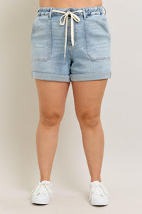LIGHT WASH JOGGERS HIGH WAIST CUFFED DENIM SHORTS BY JUDY BLUE-PLUS