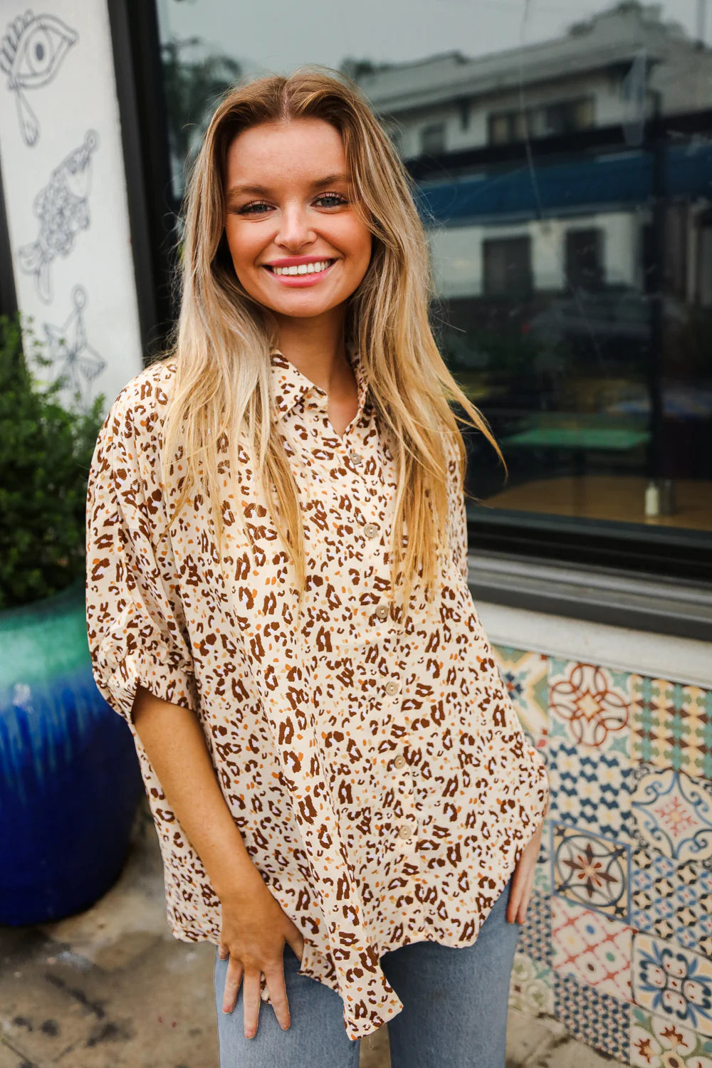 TAUPE ANIMAL BUTTON DOWN TOP