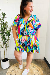 BUTTERY SOFT TROPICCAL PRINT NAVY PINK ORANGE GREEN BRIGHT VIVID SUMMER SURPLICE TIE WAIST ROMPER-PLUS