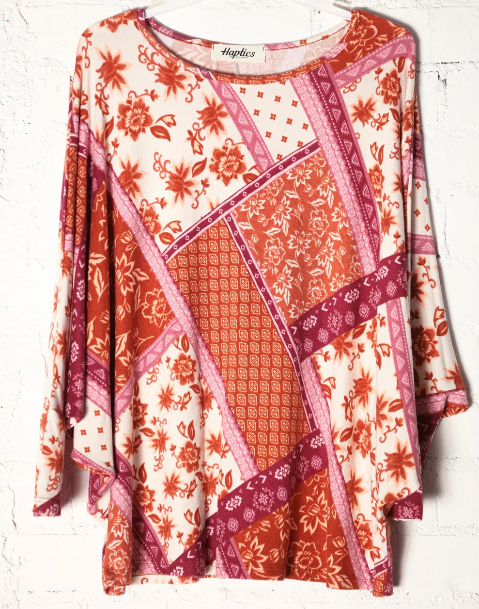 RUST & MAUVE PRINTED DESIGN DOLMAN TOP-PLUS