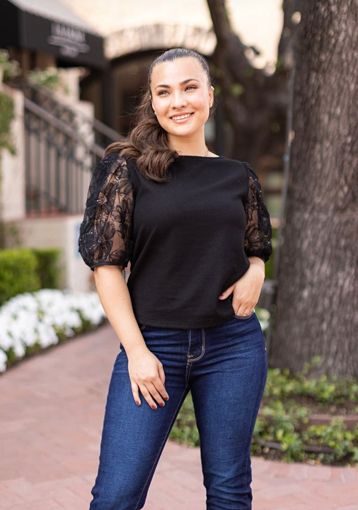 Midnight Blossom Black Sequin Puff Sleeve Top