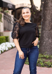 Midnight Blossom Black Sequin Puff Sleeve Top