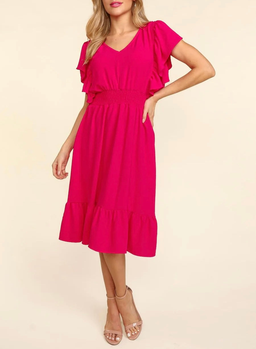 FUCHSIA MIDI LENGTH WOVEN POCKETED RUFFLE DRESS-PLUS