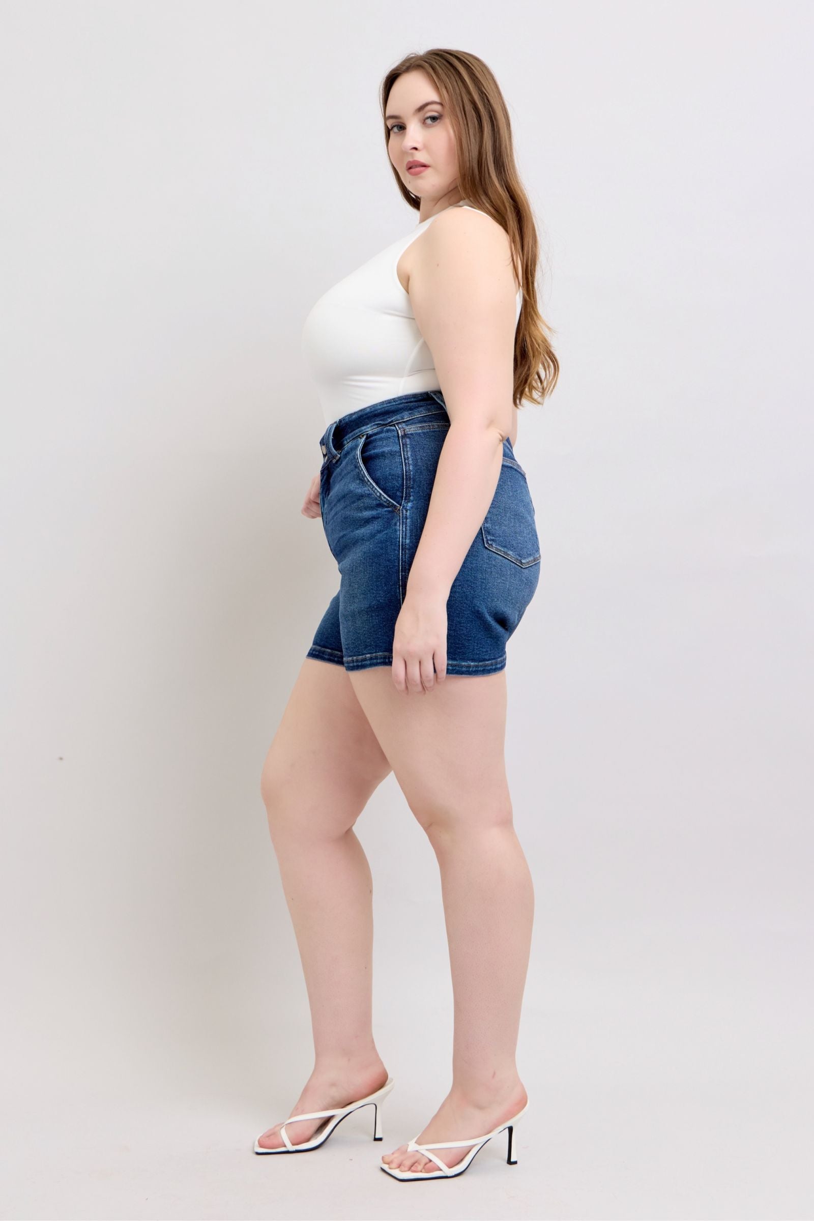 DARKWASH HIGH WAIST DOUBLE BUTTON WAISTBAND SHORTS JUDY BLUE DENIM