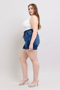 DARKWASH HIGH WAIST DOUBLE BUTTON WAISTBAND SHORTS JUDY BLUE DENIM