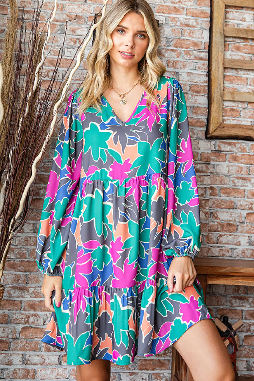 AQUA TEAL PINK FLORAL MULTI COLOR ABSTRACT PRINTED LONGSLEEVE DRESS