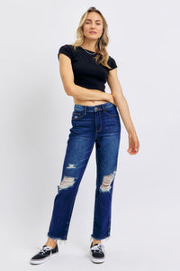 HIGH WAIST RIGID MAGIC HEAVY DESTROYED STRAIGHT DARKWASH JUDY BLUE DENIM