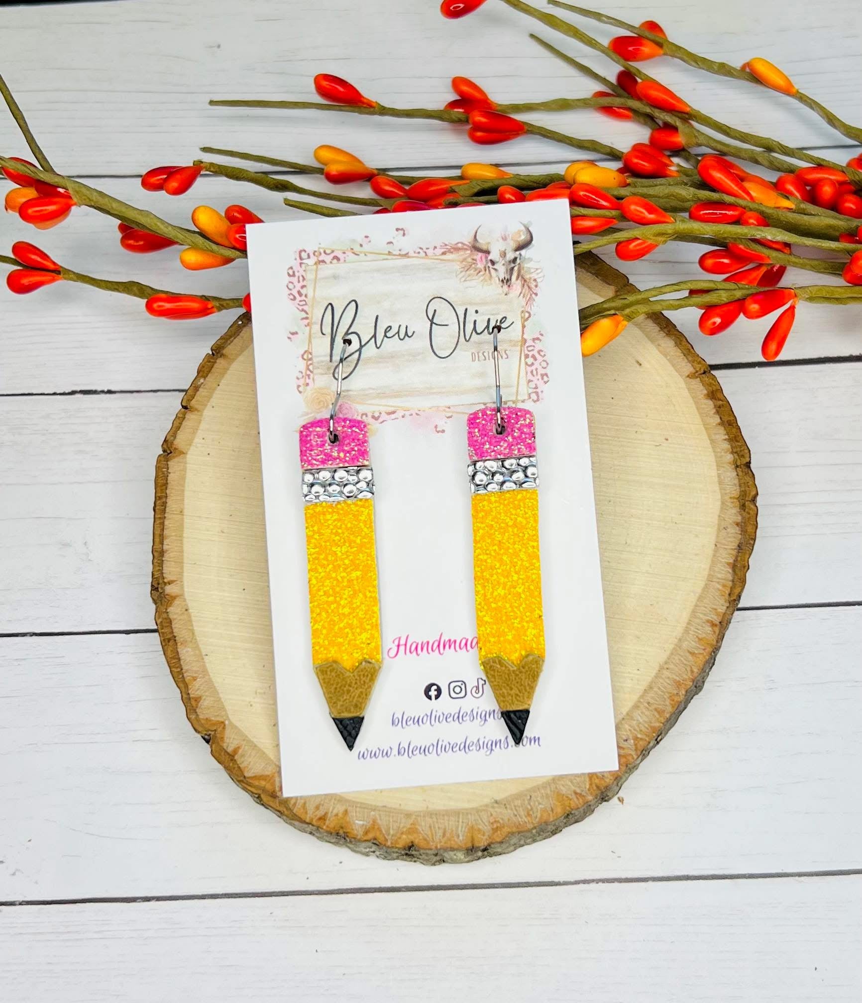 SPARKLY PENCILS FOR TEACHERS LIGHTWEIGHT LEATHER HANDMADE EARRINGS BY B.O.D