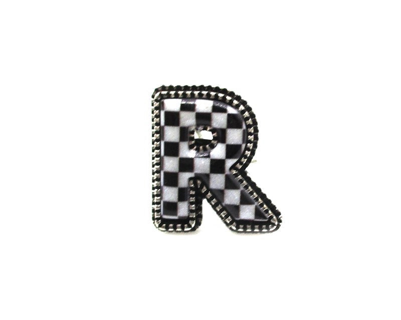 CHECKERED BUBBLE INITIAL BLACK & WHITE ON SILVER ADJUSTABLE CUFF RING