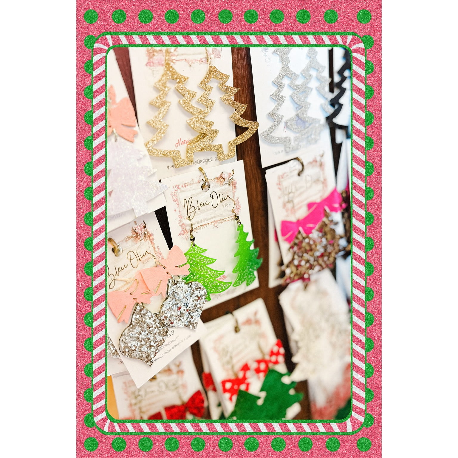 GLITZ & GLAM CHRISTMAS TREE BOW RIBBON TOPPER LIGHTWEIGHT LEATHER DANGLY HANDMADE EARRINGS BY B.O.D