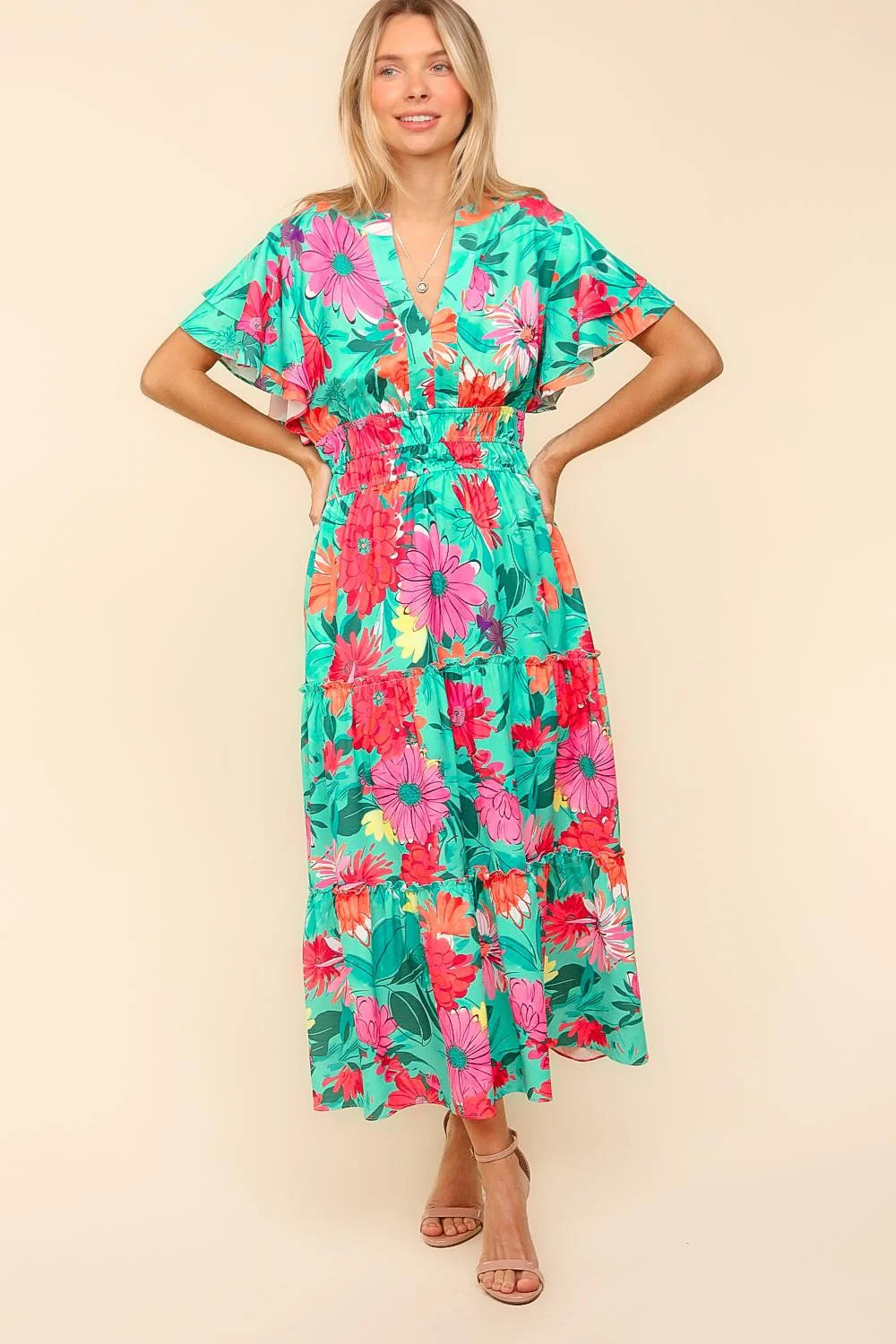 TEAL AQUA PINK SUMMERY FLORAL MAXI DRESS WITH POCKETS