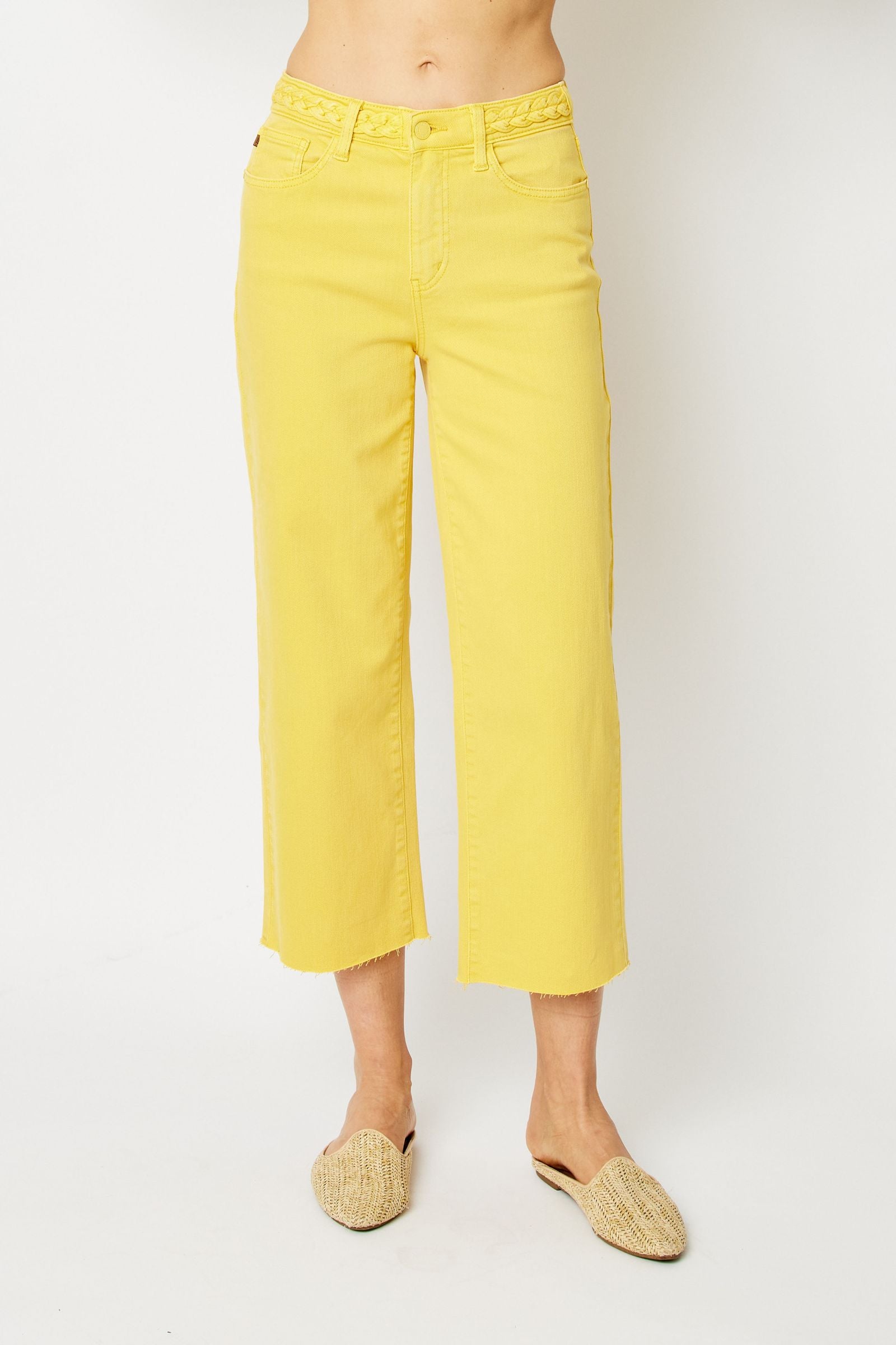 YELLOW HIGH WAIST GARMENT DYED BRAIDED WAISTBAND CROP WIDE LEG DENIM JUDY BLUE