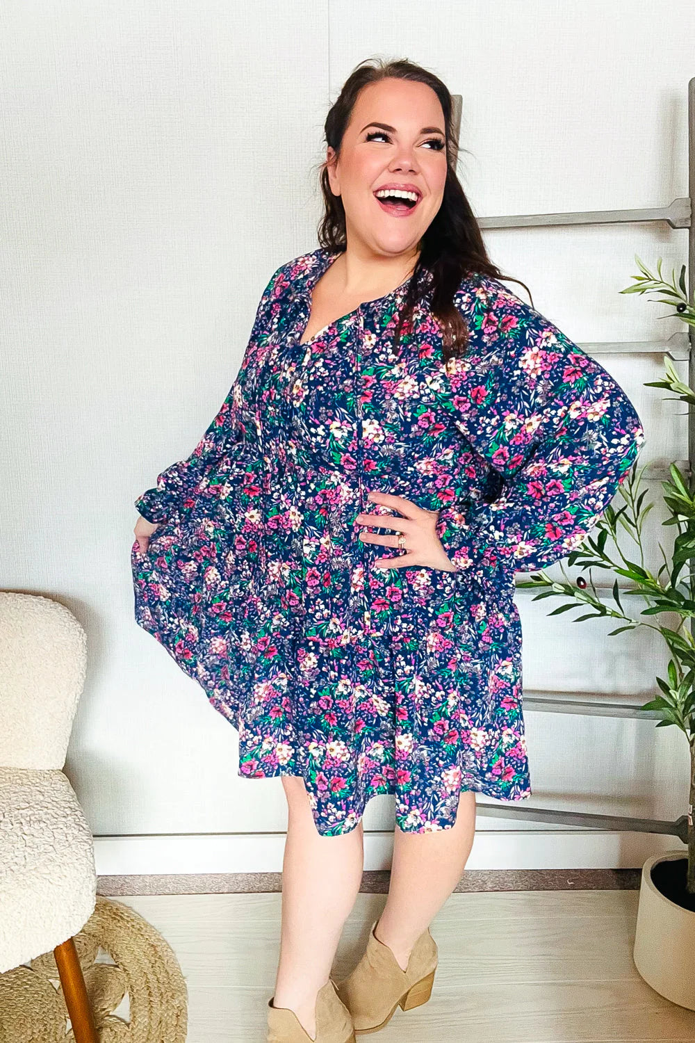 NAVY FLORAL BOW TIE BABYDOLL LONG SLEEVE RUFFLE DRESS