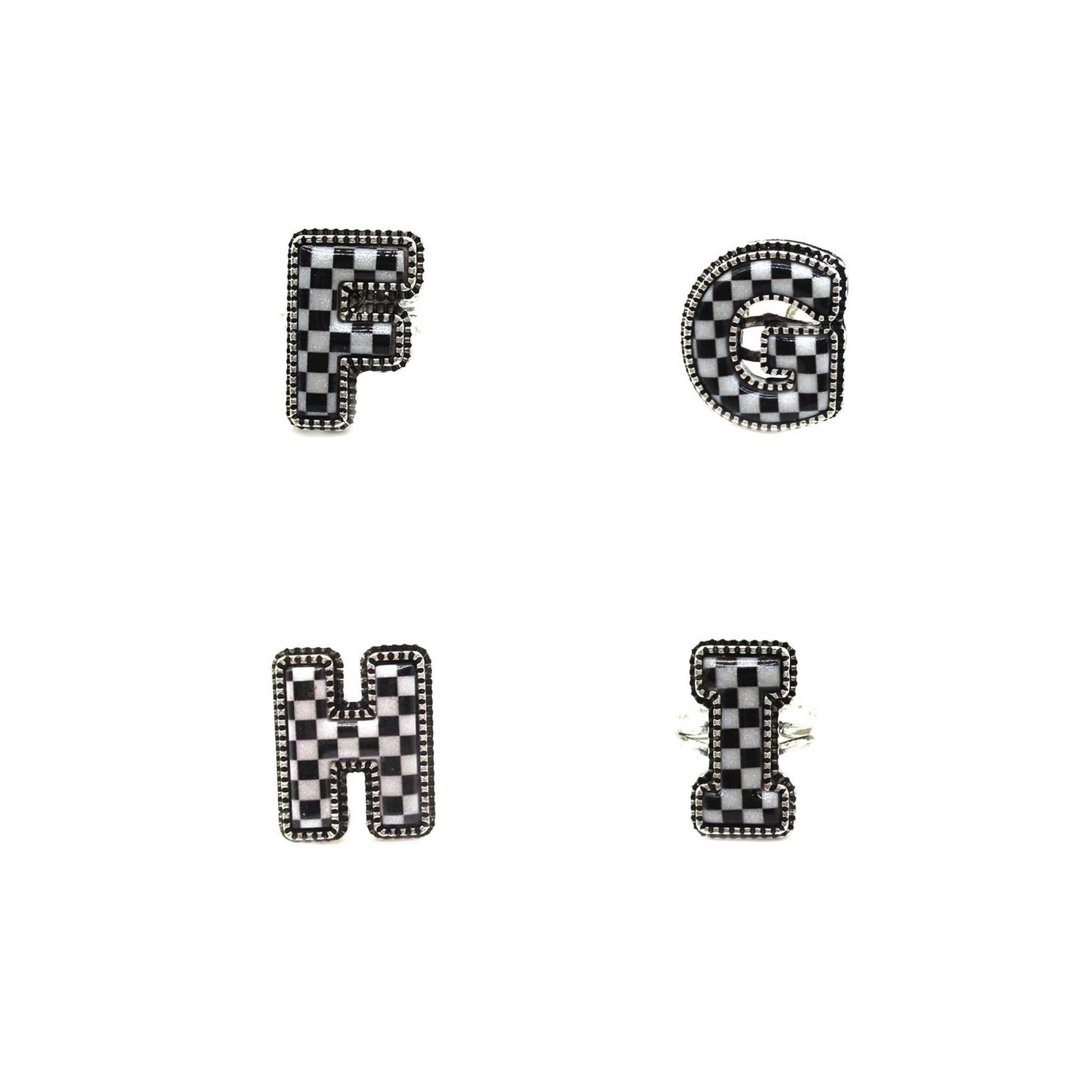 CHECKERED BUBBLE INITIAL BLACK & WHITE ON SILVER ADJUSTABLE CUFF RING