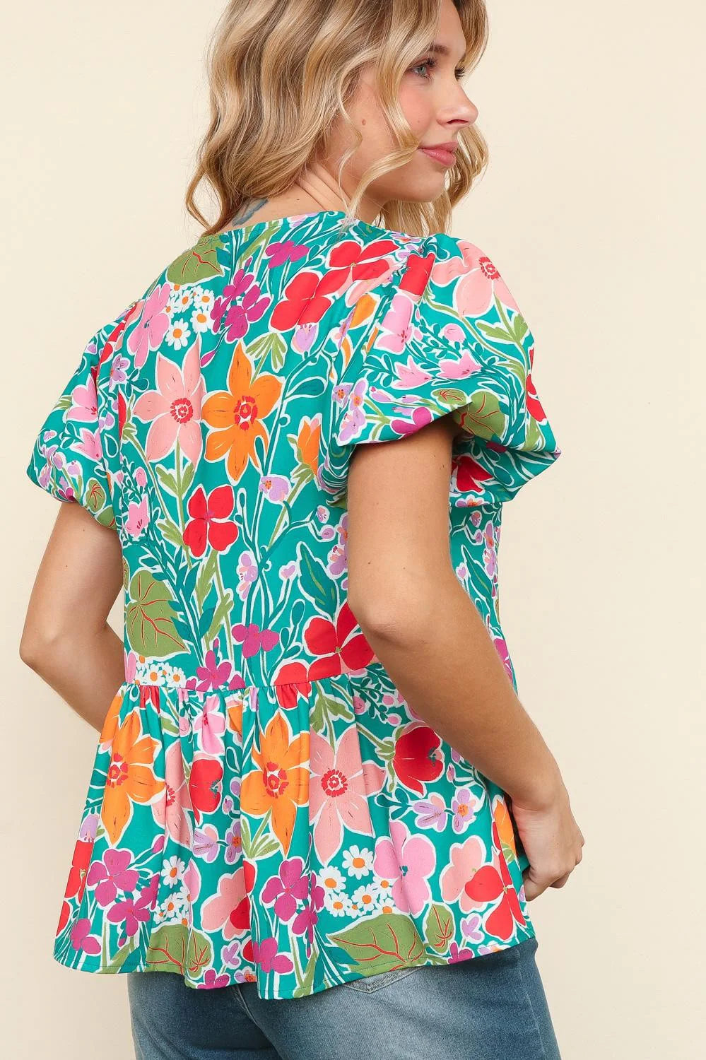 AQUA COLORFUL RIBBON BOW FLORAL WOVEN BLOUSE- PLUS- SALE