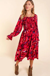 RED BLACK SMOCKED FIT & FLARE POCKETED FLOWY CHIFFON MIDI/MAXI DRESS-PLUS