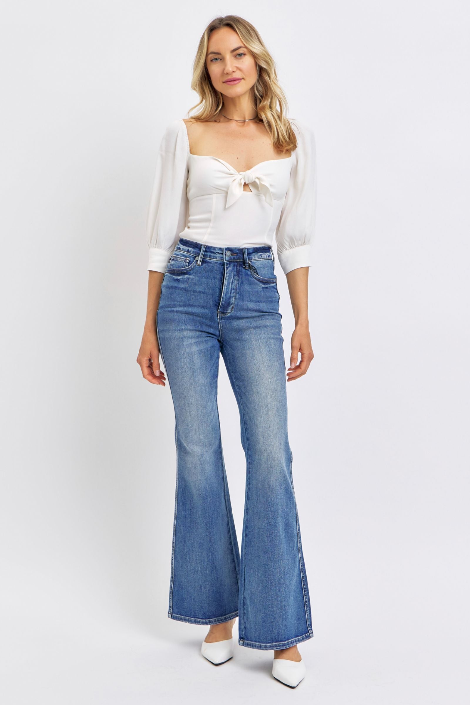 HIGH WAIST DARKWASH TUMMY CONTROL CONTRAST WASH FLARE JUDY BLUE DENIM-PLUS