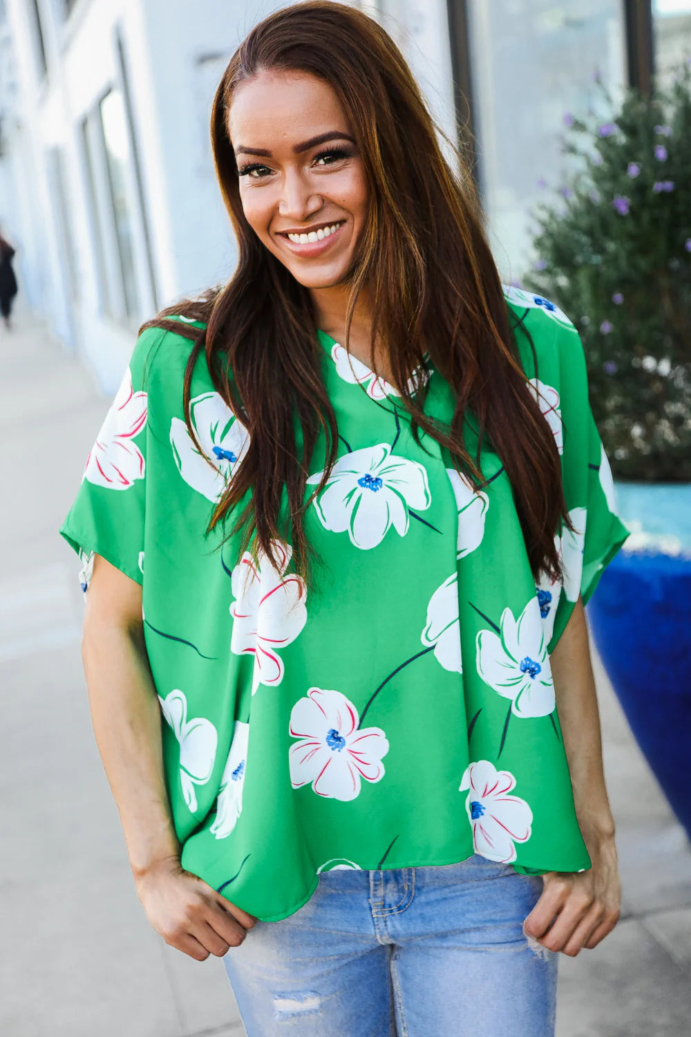 GREEN FLORAL WOVEN VNECK DOLMAN TOP-PLUS