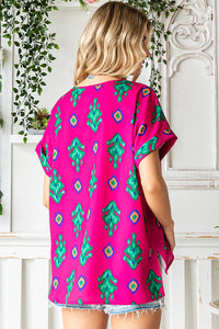 FUCHSIA GREEN DESIGN VNECK TOP